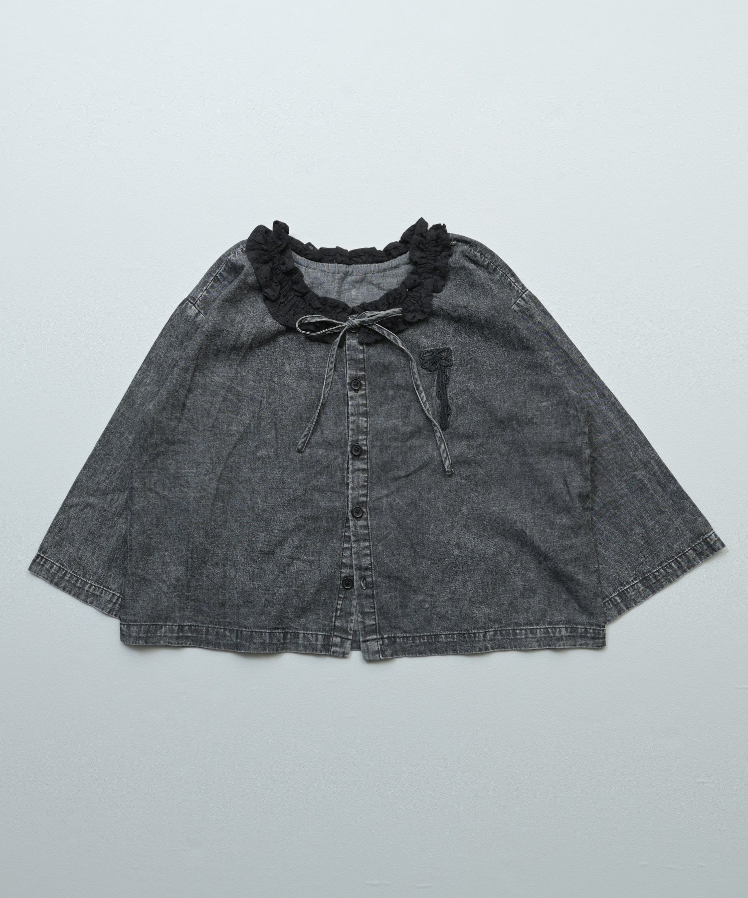 Denim Blouse with a Ruffled Collar