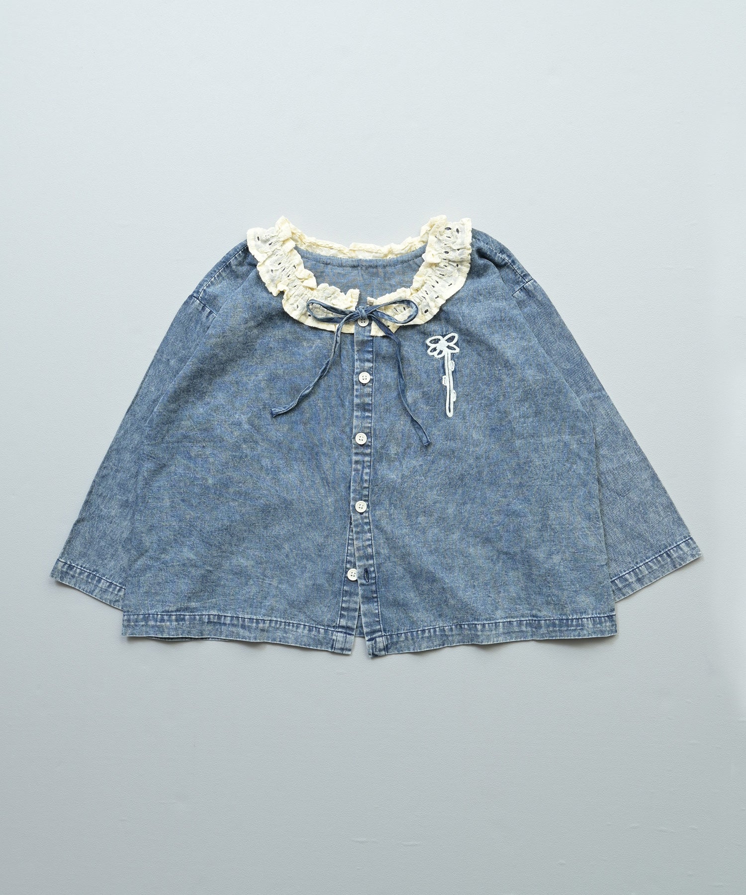 Denim Blouse with a Ruffled Collar