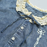 Denim Blouse with a Ruffled Collar
