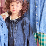 Denim Blouse with a Ruffled Collar