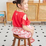 印花泡泡纱荷叶边阔腿短裤